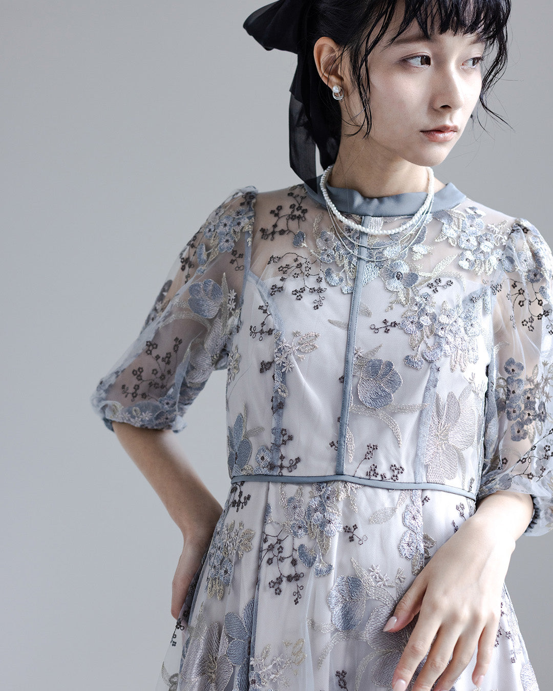 [ Dorry doll ] フラワーエンブロイダリードレス　9447-bluegray