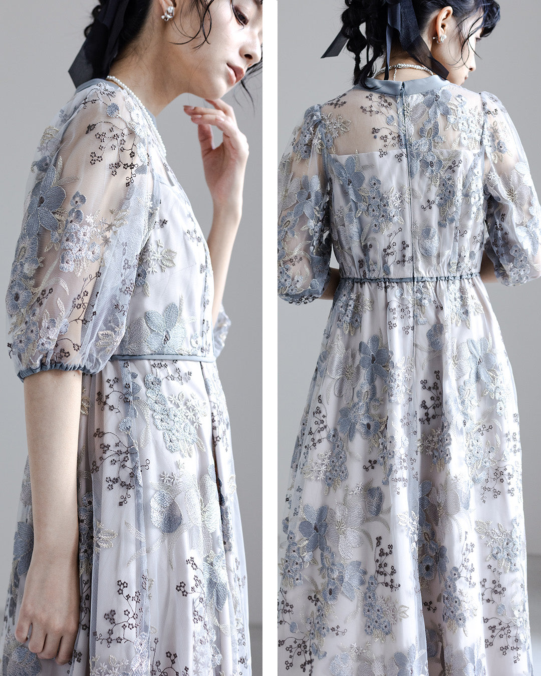 [ Dorry doll ] フラワーエンブロイダリードレス　9447-bluegray