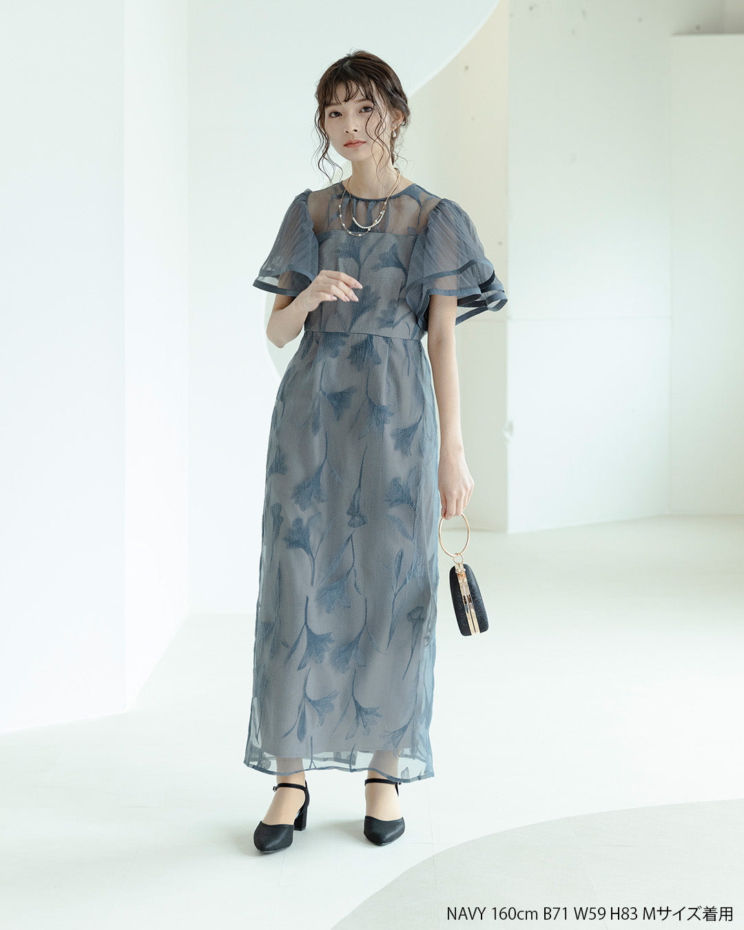 [ Dorry doll ] Circurar sleeve flower dress　as9561-navy