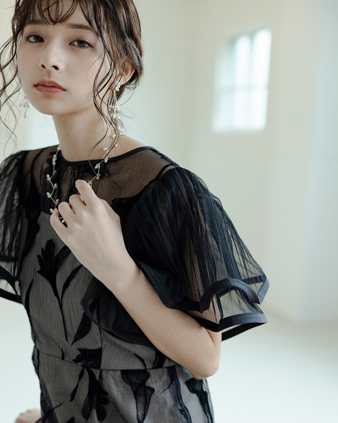 [ Dorry doll ] Circurar sleeve flower dress　as9561-black