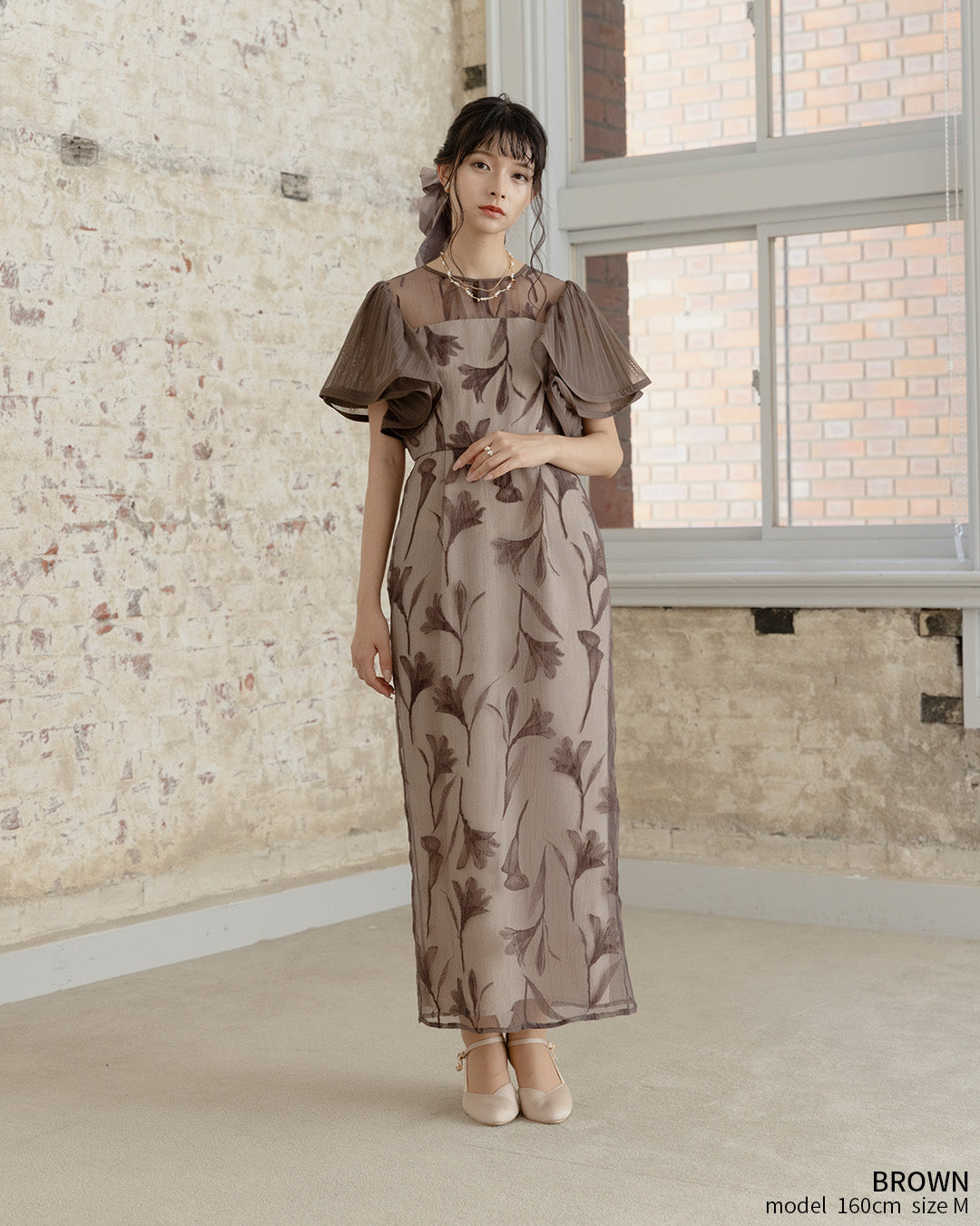 [ Dorry doll ] Circurar sleeve flower dress　as9561-brown