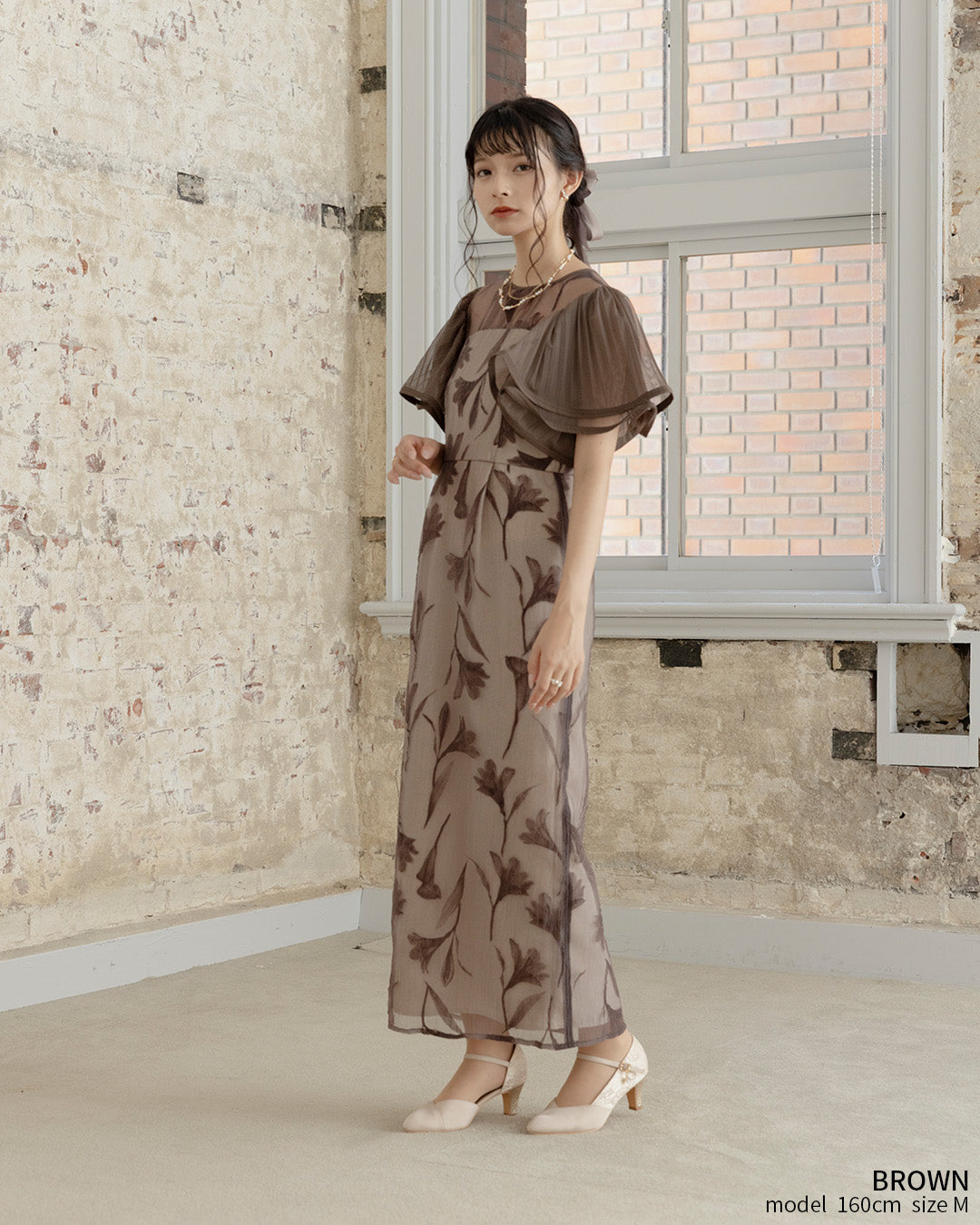 [ Dorry doll ] Circurar sleeve flower dress　as9561-brown