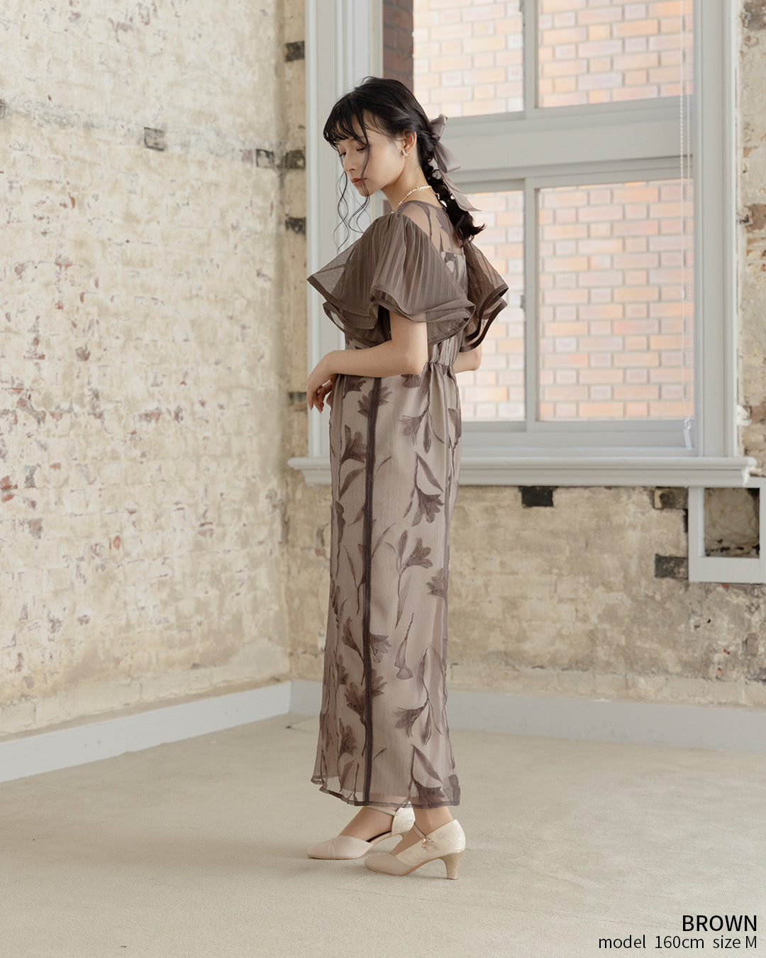 [ Dorry doll ] Circurar sleeve flower dress　as9561-brown