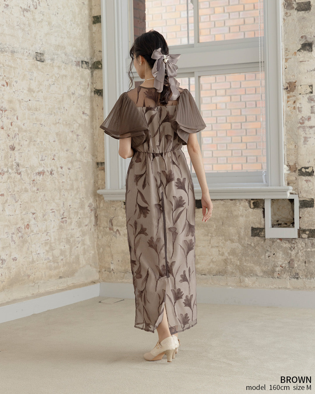 [ Dorry doll ] Circurar sleeve flower dress　as9561-brown