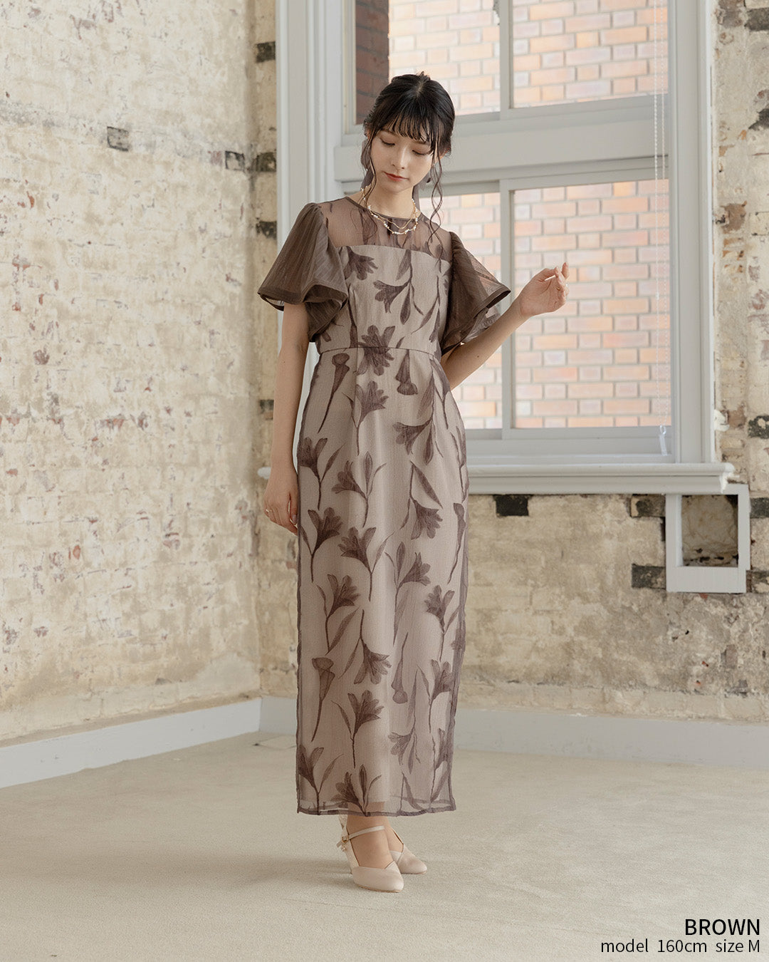 [ Dorry doll ] Circurar sleeve flower dress　as9561-brown