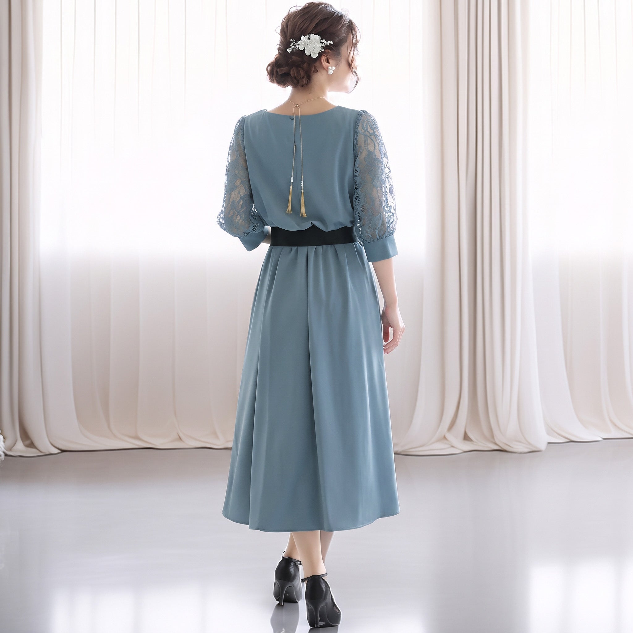 レーススリーブドレス ポケット付き 105011ダスティブルー【S/M/L/LL/3L/4Lサイズ展開】