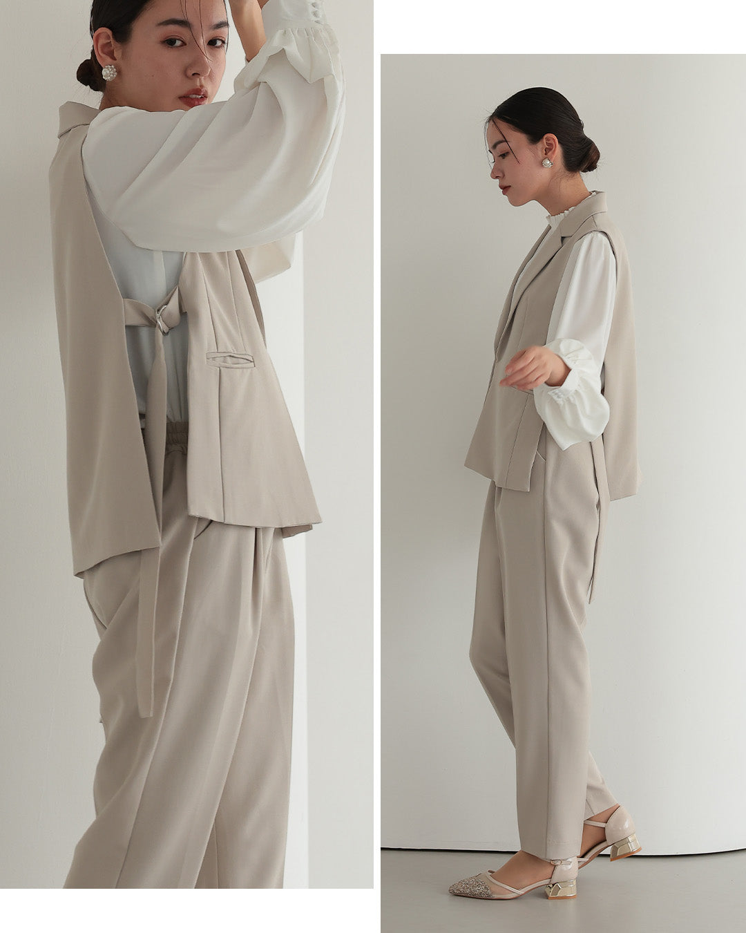 [ Placebo ] 【手洗いOK】サイドベルトジレセットアップスーツ3点セット  h125607 ベージュ