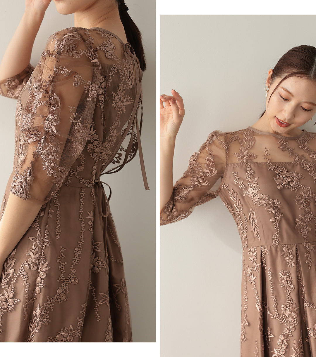 花柄刺繍ミディ丈ドレス　h321156 モカブラウン