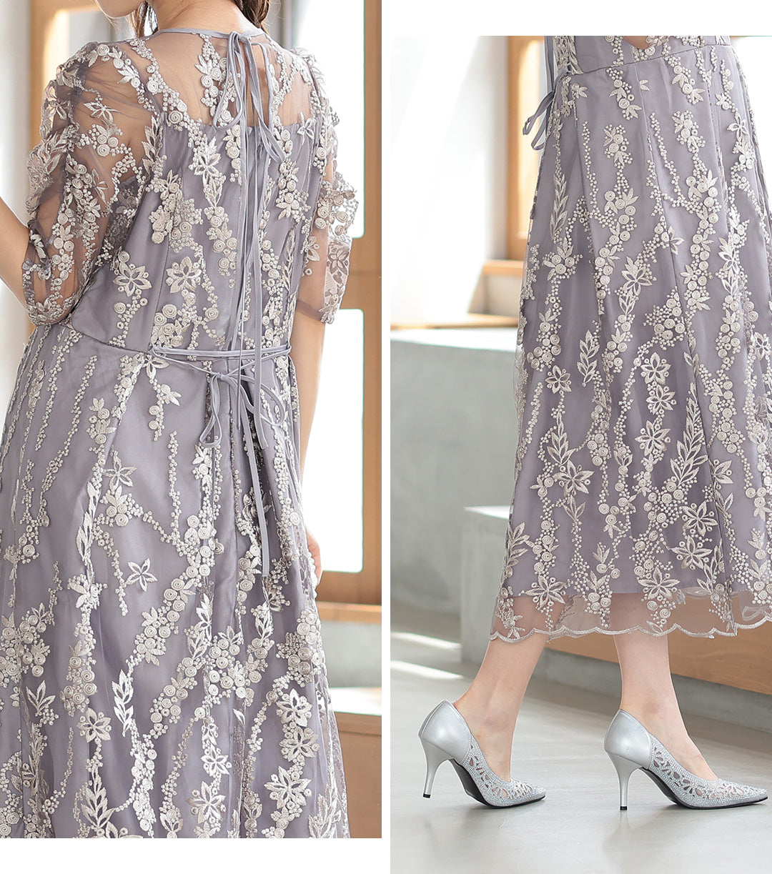 花柄刺繍ミディ丈ドレス　h321156 グレージュ