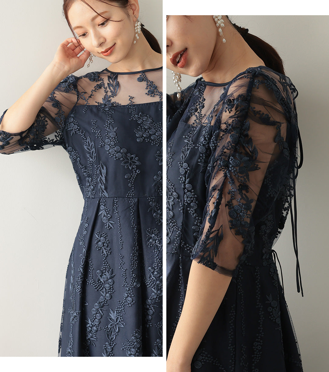 花柄刺繍ミディ丈ドレス　h321156 ネイビー【S/M/L/LL/3L/4Lサイズ展開】