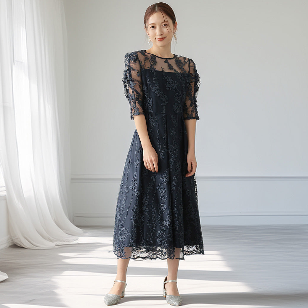 花柄刺繍ミディ丈ドレス　h321156 ネイビー【S/M/L/LL/3L/4Lサイズ展開】