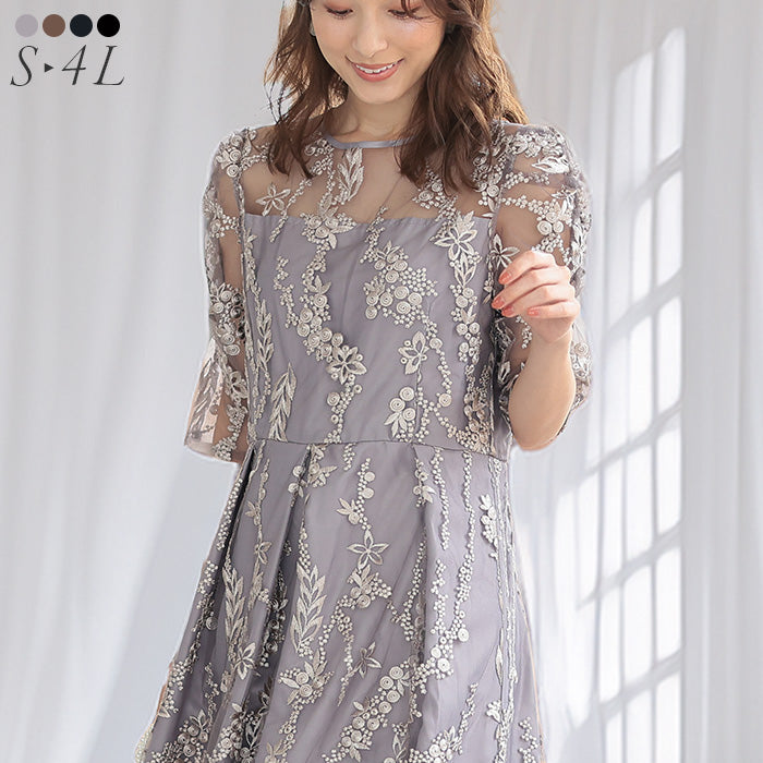 花柄刺繍ミディ丈ドレス　h321156 グレージュ【S/M/L/LL/3L/4Lサイズ展開】