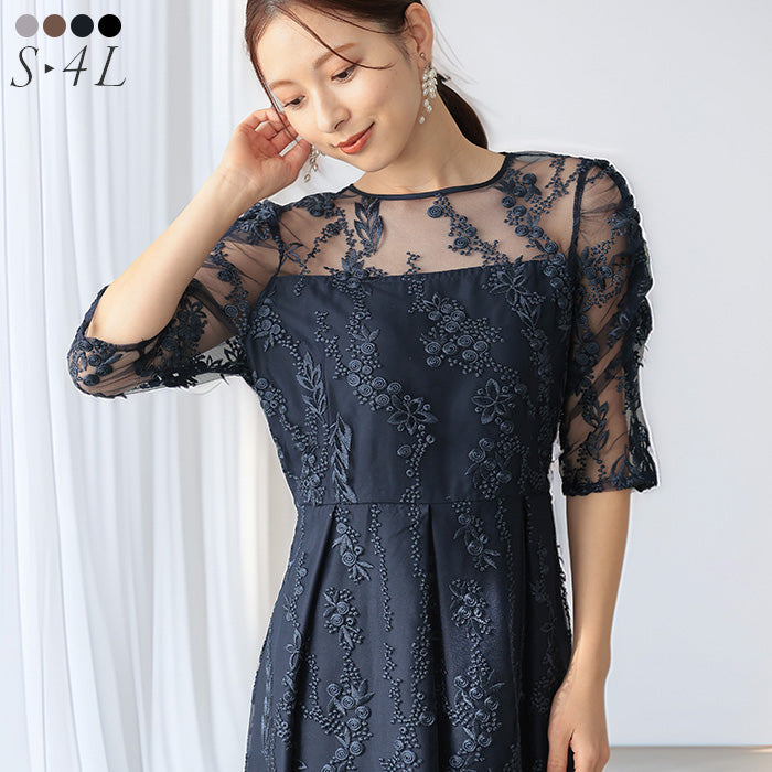 花柄刺繍ミディ丈ドレス　h321156 ネイビー【S/M/L/LL/3L/4Lサイズ展開】