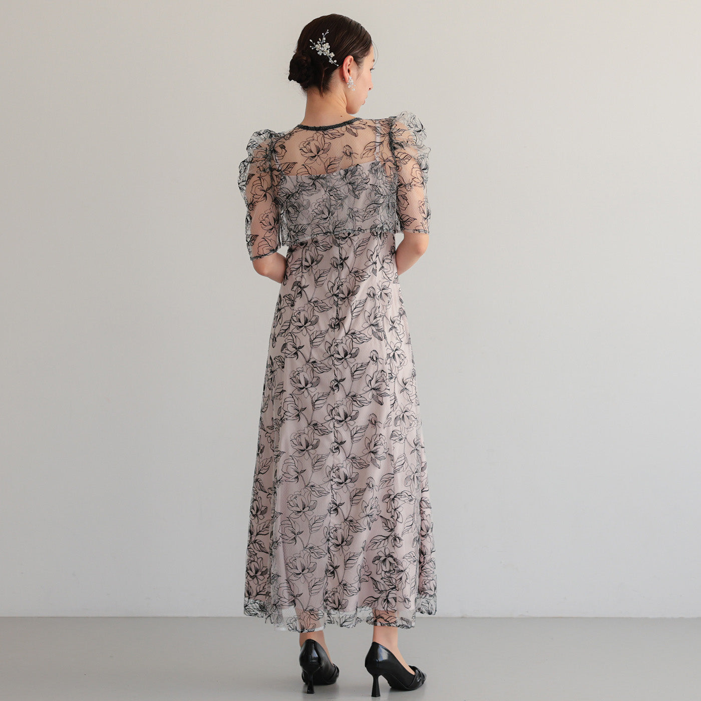 【S~L】シアーレースボレロセットドレス　h325280 ブラック×ピンクベージュ