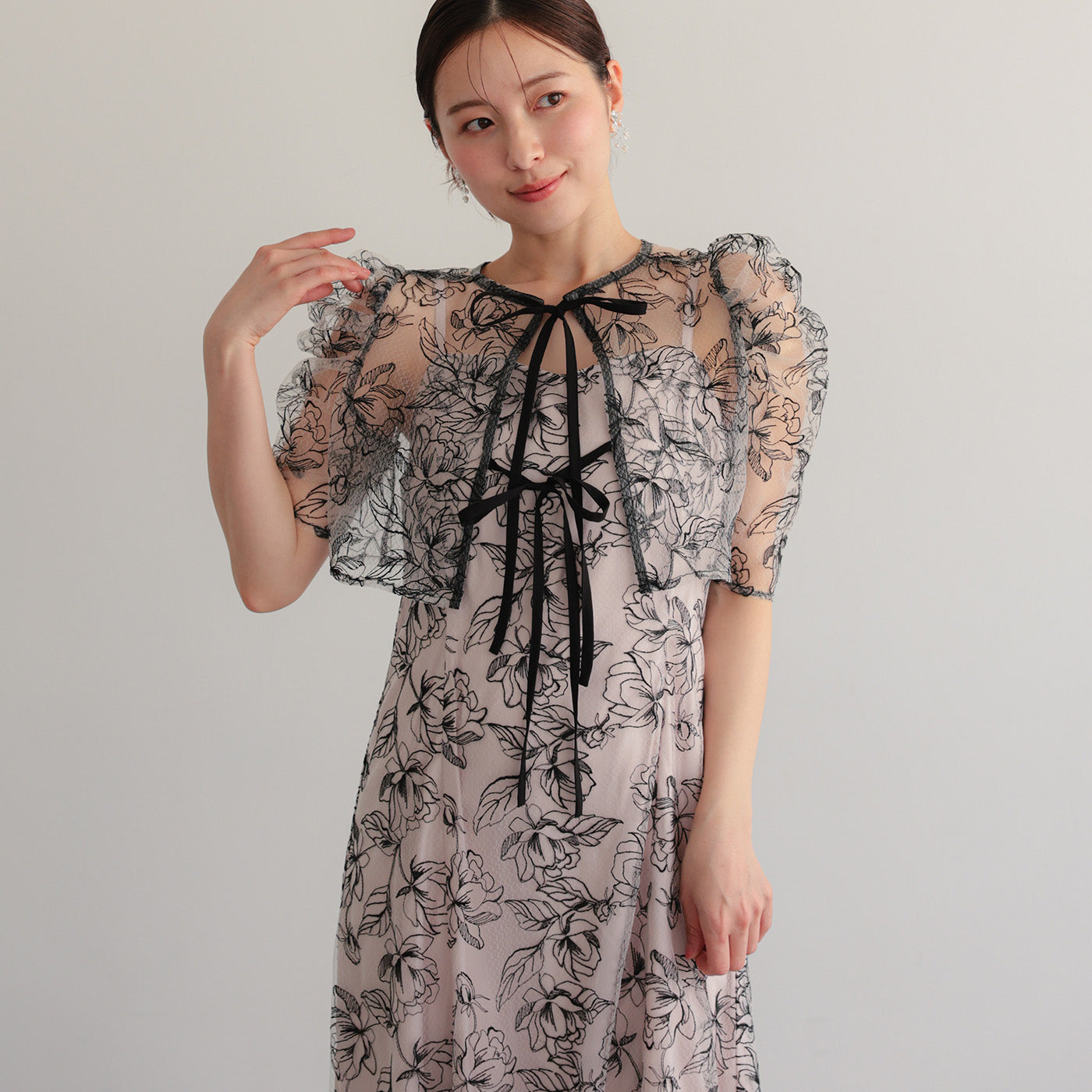 【S~L】シアーレースボレロセットドレス　h325280 ブラック×ピンクベージュ