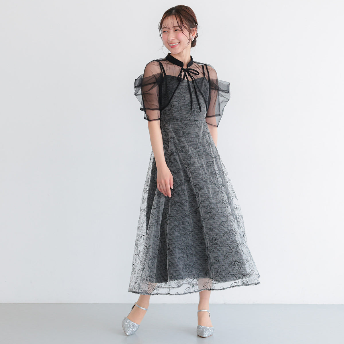 ボレロ付き2WAYチュールフレアドレス ブラック｜結婚式・お呼ばれ 