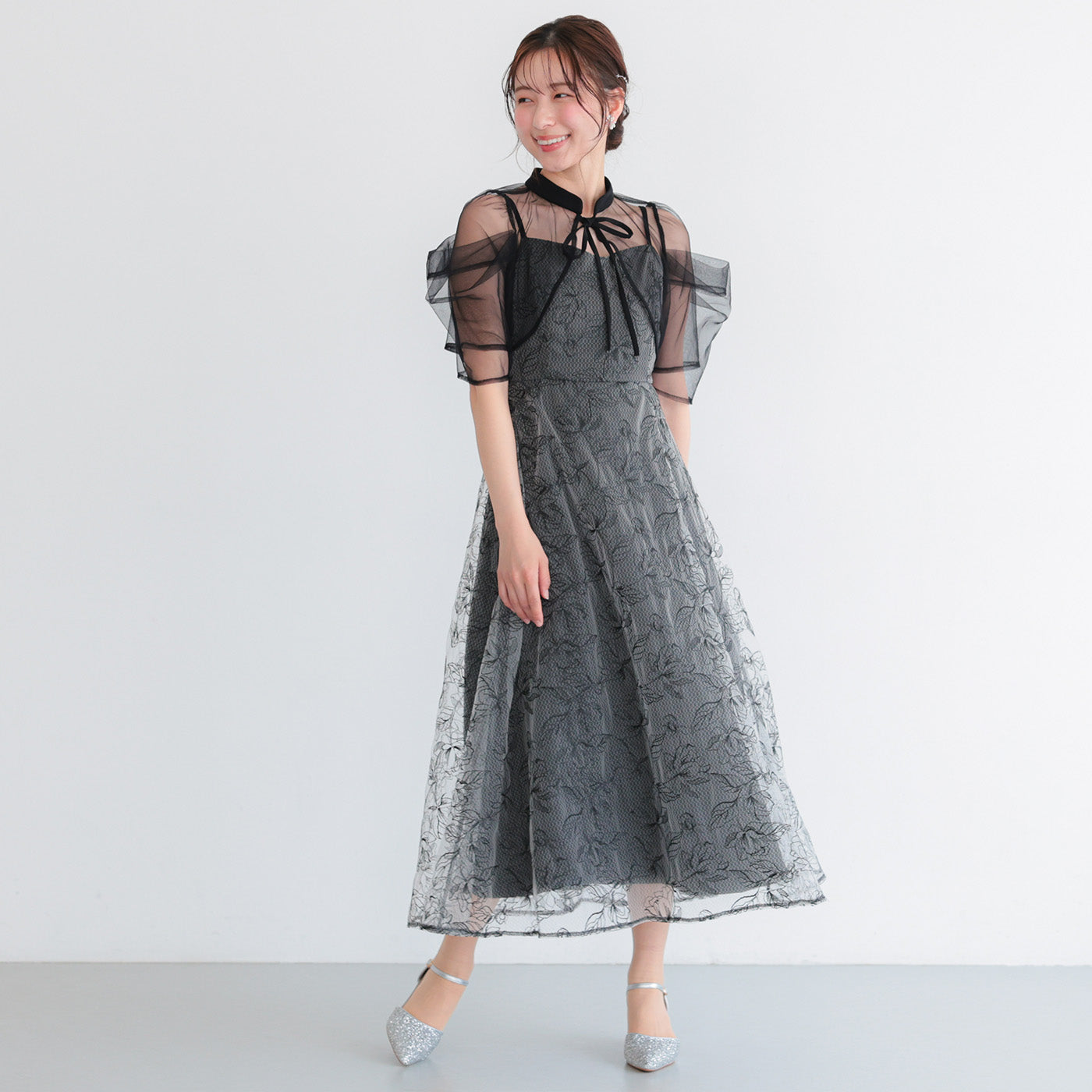 ボレロ付き2WAYシアーチュールフレアドレス　h326286 ブラック